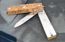 Cork Handled Fishing Knife Never Used 5" 1 1/2" Wide Closed With Blade Open 3 3/4" Blade Mirror Poli