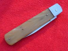 New 7-3/4" Boker/Hubertus style Leverlock automatic switchblade Faux-blond horn acrylic handles 