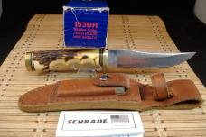 SCHRADE UNCLE HENRY 153UH GOLDEN SPIKE U.S.A. MADE HIGH CARBON STEEL FIXED BLADE KNIFE, SHEATH & BOX
