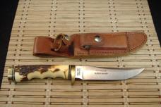 SCHRADE UNCLE HENRY 153UH GOLDEN SPIKE U.S.A. MADE HIGH CARBON STEEL FIXED BLADE KNIFE, SHEATH & BOX