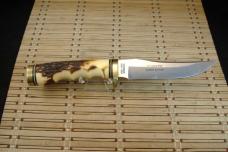 SCHRADE UNCLE HENRY 153UH GOLDEN SPIKE U.S.A. MADE HIGH CARBON STEEL FIXED BLADE KNIFE, SHEATH & BOX