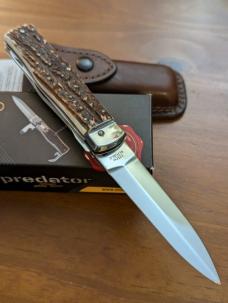 Mikov 241 Predator Leverlock 2 Blade Automatic Knives w/Saw, GNARLY STAG HORN 3.75"Polished