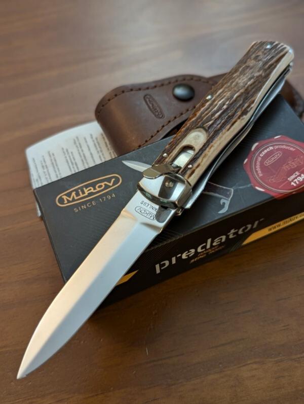 Mikov 241 Predator Leverlock 2 Blade Automatic Knives w/Saw, GNARLY STAG HORN 3.75"Polished