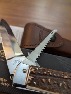 Mikov 241 Predator Leverlock 2 Blade Automatic Knives w/Saw, GNARLY STAG HORN 3.75"Polished
