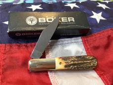Vintage Boker “Tree Brand” Single Blade Barlow w/ Sweet Stag Handles -NOS in Orig box