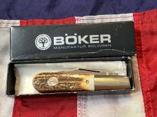 Vintage Boker “Tree Brand” Single Blade Barlow w/ Sweet Stag Handles -NOS in Orig box
