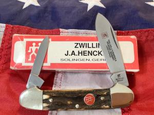 Vintage J A Henckels 2 Blade Canoe (HK 12 S) w/ Great Stag Handles -NM
