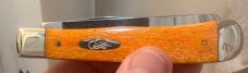 2004 Case Magicians Knife-Speckled Black&Orange Trapper w/Matching Script Shields on Each Side. Mint