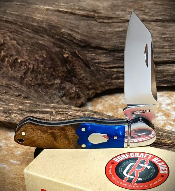 RoseCraft Blades Ocoee River Kayak RCT009-BW Knife Blue Resin & Burlwood Covers K-Clip Blade
