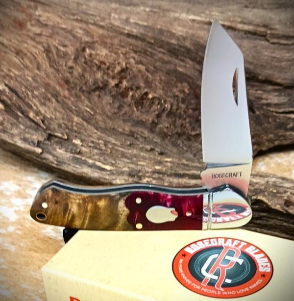 RoseCraft Blades Ocoee River Kayak RCT009-RW Knife Red Resin & Burlwood Covers K-Clip Blade