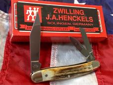Vintage J A Henckels 3 Blade Whittler (HK-7-S) Pocket Knife w/ Great Stag Handles! -NOS