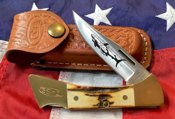 1981 Case xx Mako Shark Folding Hunter w/ Stag Handles (5158 LSSP) +Orig Sheath -NOS