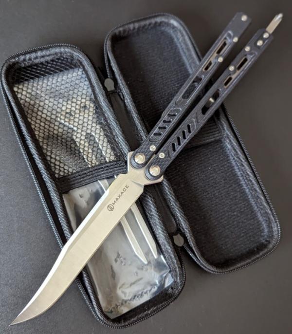 Maxace Knives - Banshee III , Balisong Knife , Black G-10 Scales , W / Trainer Blade