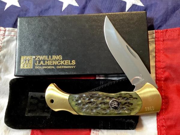 J A Henckels Folding Hunter Pocket Knife w/ Green Pick Bone Handles -NOS +Orig Box