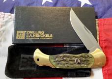 J A Henckels Folding Hunter Pocket Knife w/ Green Pick Bone Handles -NOS +Orig Box