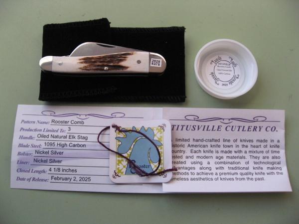   DANIELS FAMILY KNIFE BRANDS-TITUSVILLE CUTLERY-ROOSTER COMB OILED NATURAL ELK 1 OF 3