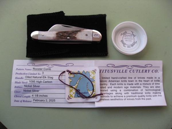   DANIELS FAMILY KNIFE BRANDS-TITUSVILLE CUTLERY-ROOSTER COMB OILED NATURAL ELK 1 OF 3