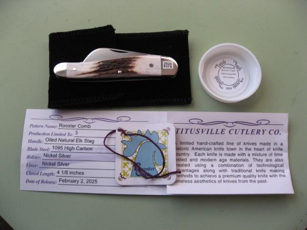   DANIELS FAMILY KNIFE BRANDS-TITUSVILLE CUTLERY-ROOSTER COMB OILED NATURAL ELK 1 OF 3
