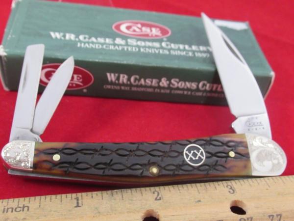 Case XX 2002 Amber Bone Bobwire Scrolled Bolsters Seahorse Whittler Pattern # 6355 WH SS
