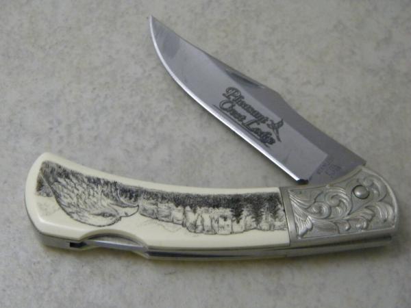Stainless Etched "Pheasant Crest Lodge" Lockback Knife