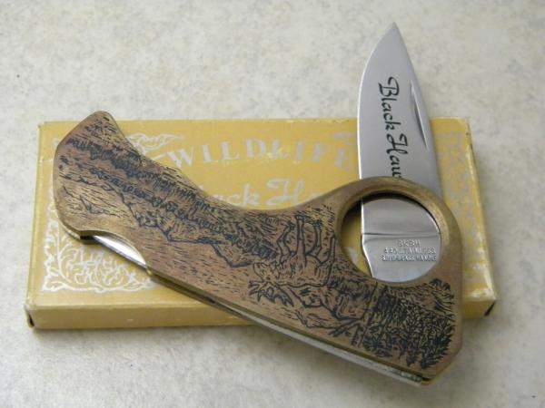 SKBH Brass Etched Black Hawk Wildlife Collection Lockback Knife NIB