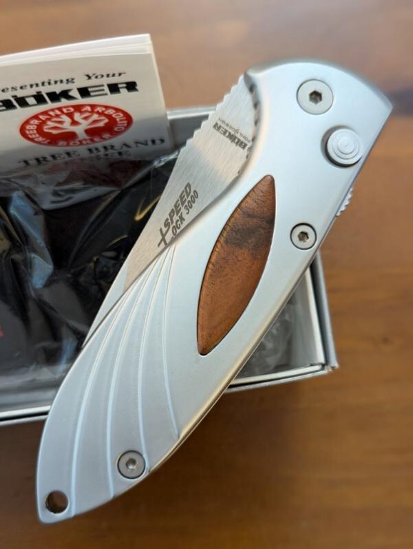Boker Speed Lock 3000, Automatic Knife, wood grain Inserts, 3-3/8 Plain Matte Finish Blade- Model-