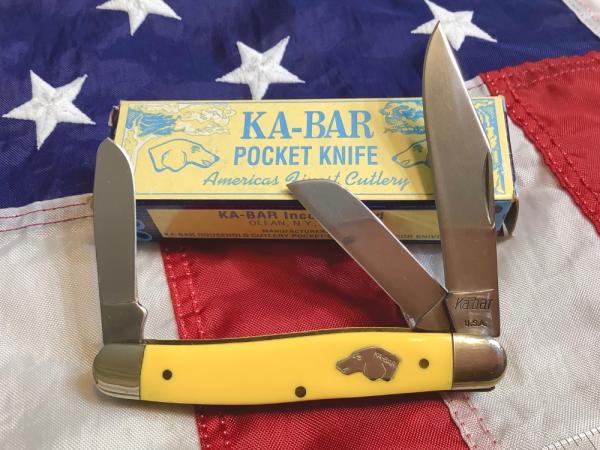 Vintage Ka-Bar Dog Head 2 Blade Trapper w/ Yellow Derlin Handles -Dog Head Shield -NOS & M/NM