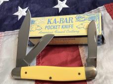 Vintage Ka-Bar Dog Head 2 Blade Trapper w/ Yellow Derlin Handles -Dog Head Shield -NOS & M/NM