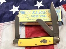 Vintage Ka-Bar Dog Head 2 Blade Trapper w/ Yellow Derlin Handles -Dog Head Shield -NOS & M/NM