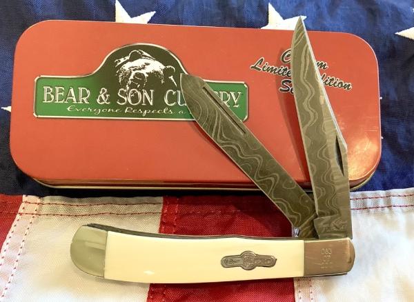Bear & Son Custom 2 Blade Trapper w/ Ivory Handles & Damascus Blades -NOS