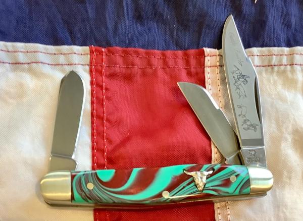 Hen & Rooster -Bertram Cutlery Cattle Rustler Stockman w Super Colorful Handles +Cattle Skull Shield