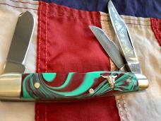 Hen & Rooster -Bertram Cutlery Cattle Rustler Stockman w Super Colorful Handles +Cattle Skull Shield
