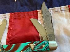 Hen & Rooster -Bertram Cutlery Cattle Rustler Stockman w Super Colorful Handles +Cattle Skull Shield