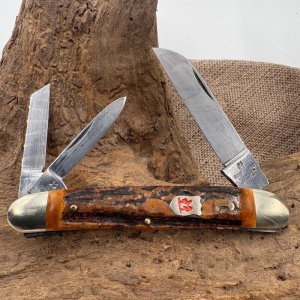 Robt Klaas Kissing Crane 1243 S 3-Blade Whittler Pocket Knife Stag Handles (128)