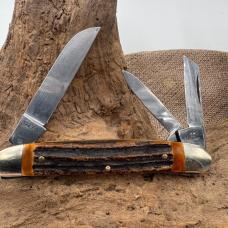 Robt Klaas Kissing Crane 1243 S 3-Blade Whittler Pocket Knife Stag Handles (128)