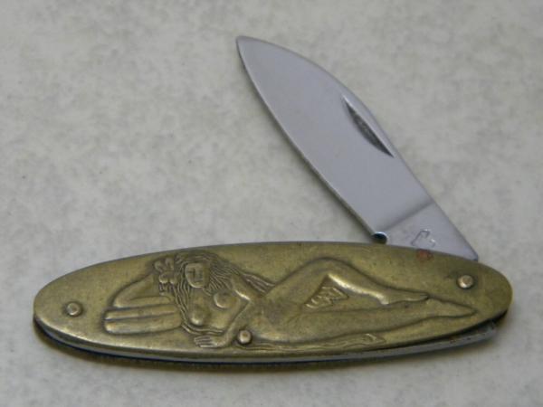 Flying Falcon Brass Nude Lady Lying Down Figural Knife Flying Falcon Brass Nude Lady Lying Down Figural Knife