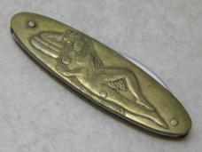 Flying Falcon Brass Nude Lady Lying Down Figural Knife