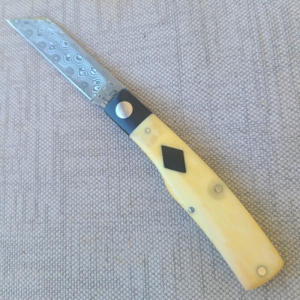  K'roo MAC Knife..Sheepsfoot..3.5"..Black Linen bolsters&caps..Warthog Tusk Ivory Scales..Damasteel 