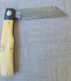  K'roo MAC Knife..Sheepsfoot..3.5"..Black Linen bolsters&caps..Warthog Tusk Ivory Scales..Damasteel 