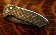 Pro-Tech Custom Les George SRB Rockeye Auto VG Stainless Damascus & Gold Feathered Titanium