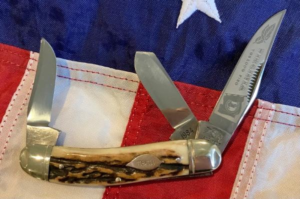 Vintage 1984 Bulldog Brand Stockman “Virginia Tobacco King” Blade Etch w/ Great Deer Stag Handles