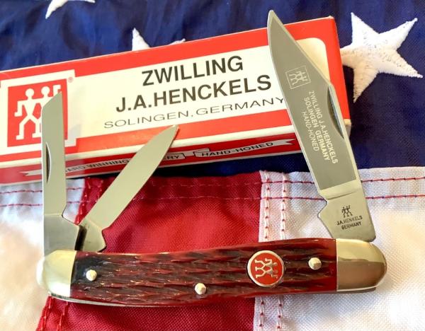 J A Henckels 3 Blade Whittler Knife w/ Great Dark Red Bone Handles! Orig Box - NOS