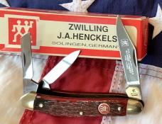 J A Henckels 3 Blade Whittler Knife w/ Great Dark Red Bone Handles! Orig Box - NOS