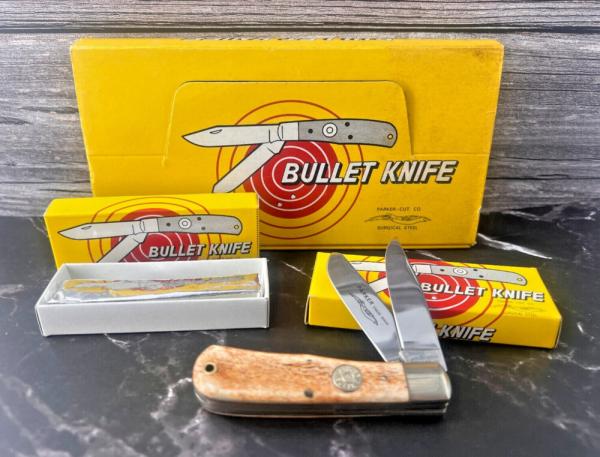 NIB/NOS Vintage Parker Cut. Co.1980's Bullet Knife Bone Handled Trapper Japan