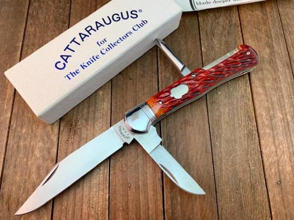 Cattaraugus Cutlery Folding Hunter for the KCC 1990 Seki Japan Brown Jigged Bone