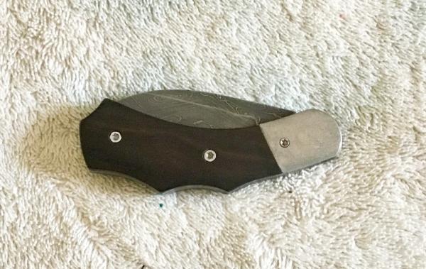 JM, HANDMADE EBONY & DAMASCUS SLIP JOINT PISTOL GRIP FOLDING KNIFE