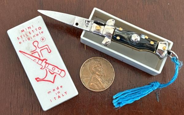 Vintage 80’s-90’s Miniature Switchblade Knife, Imitation Horn, Original Tassel and Box, Italy