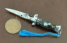 Vintage 80’s-90’s Miniature Switchblade Knife, Imitation Horn, Original Tassel and Box, Italy