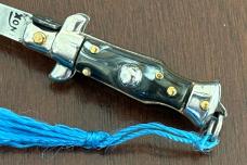 Vintage 80’s-90’s Miniature Switchblade Knife, Imitation Horn, Original Tassel and Box, Italy