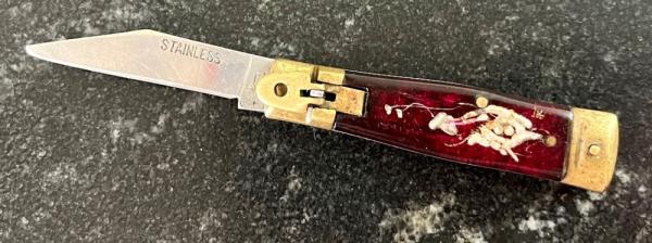 Rare Small Purple Handle Mexico Bullfighter Style Lever Lock Switchblade Knife, Japan, Used